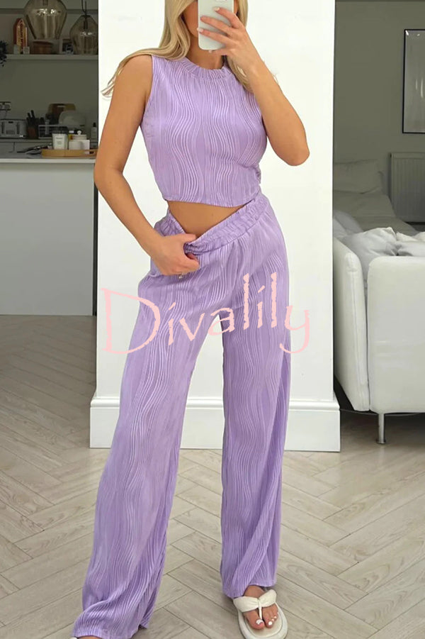 Solid Color Water Wave Crew Neck Tank Top and Elastic Waist Straight Pants Set