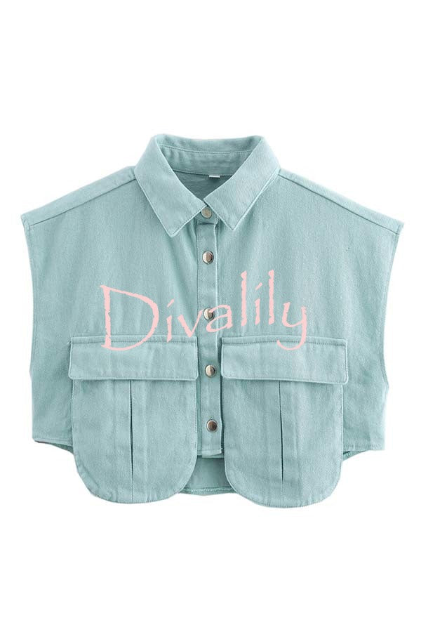 Stylish Weekend Denim Button Up Cape Sleeve Pocket Crop Top