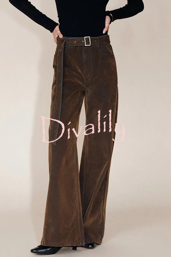 Taylor Denim Mid Rise Detachable Belt Flocked Pocket Wide Leg Jeans