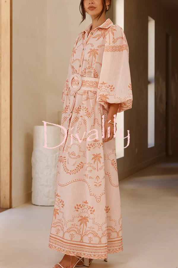 Linen Blend Lapel Puff Sleeve Casual Waist Belted Maxi Dress