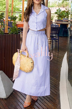 Stripe Print Lapel Sleeveless Button Top and Elastic Waist Casual Maxi Skirt Set