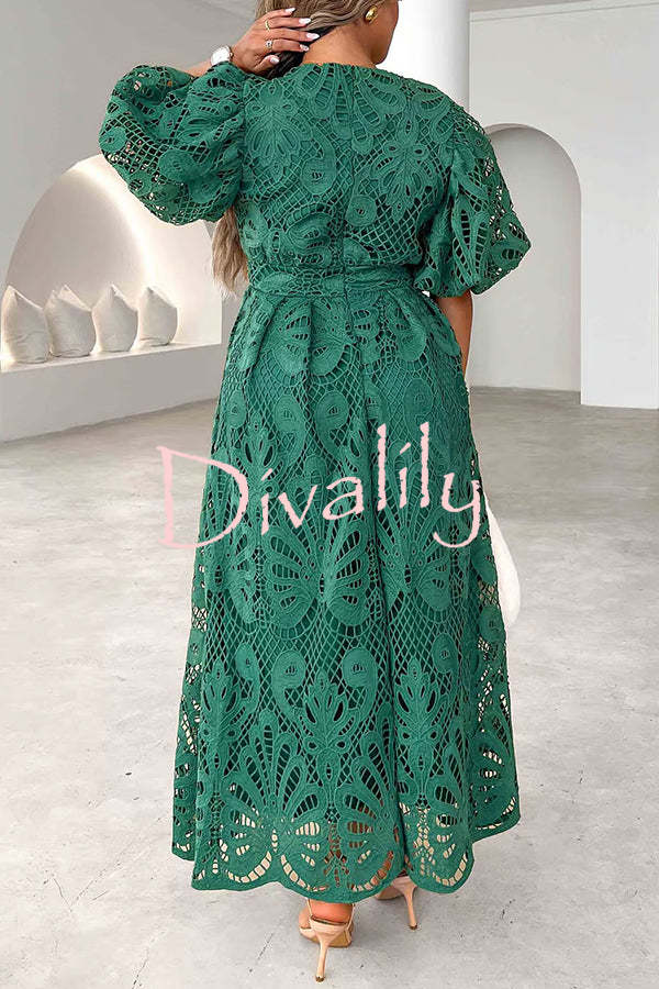 Solid Color V-neck Waist Slim Fit Hollow Lace Maxi Dress