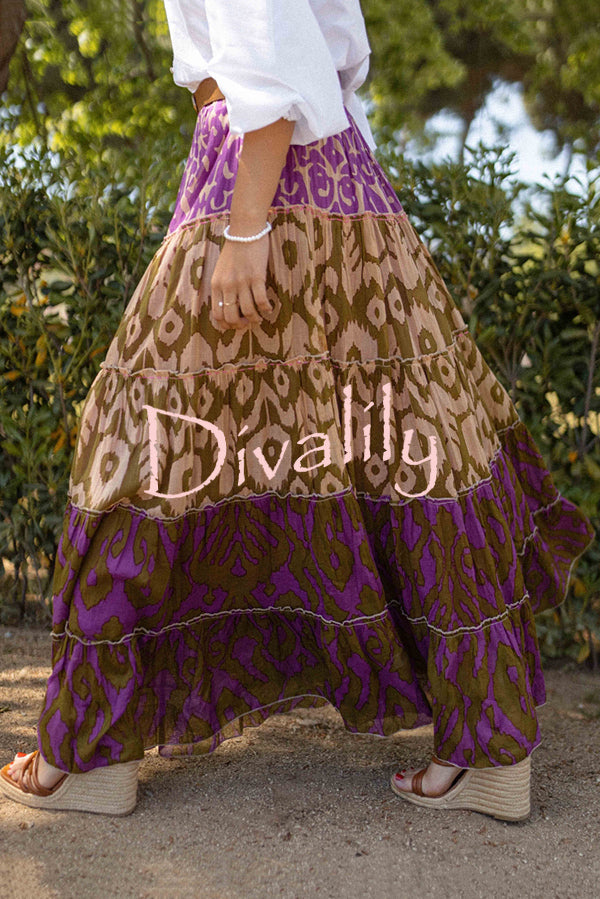 Resort Style Unique Print Elastic Waist Loose Stitching Maxi Skirt