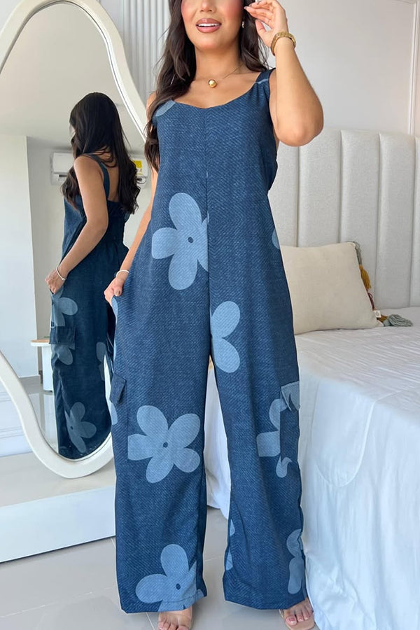 Fashion Cartoon Print Loose Round Neck Back Pleated Casual Pocket Wide Leg Jumpsuit