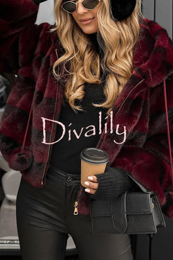 Winter Latte Gradient Print Ribbed Balloon Sleeve Hooded Loose Plush Coat