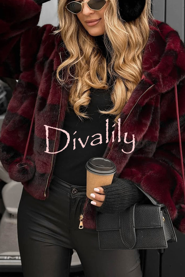 Winter Latte Gradient Print Ribbed Balloon Sleeve Hooded Loose Plush Coat