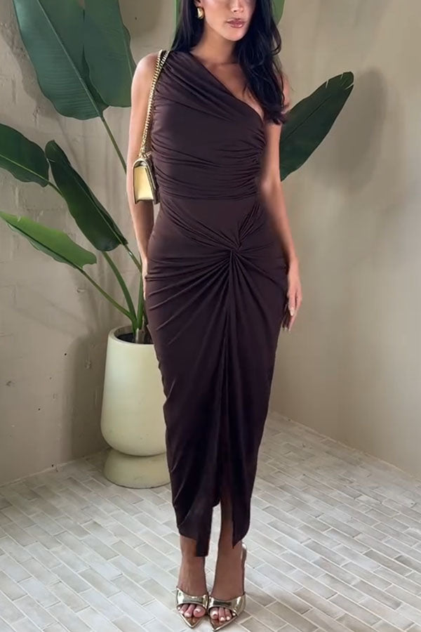 Special Attendance One Shoulder Ruched Twist Knot Slit Stretch Midi Dress