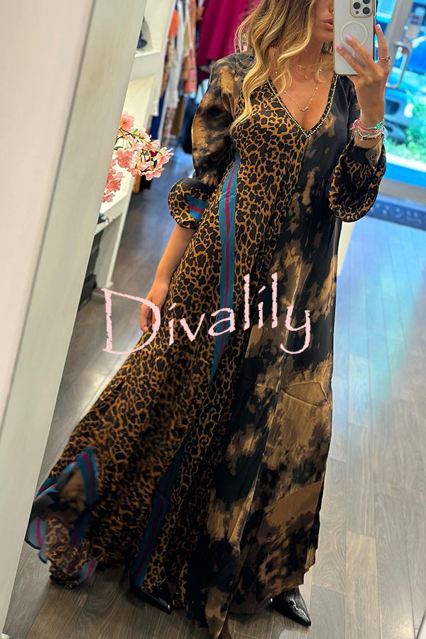 Touch of Fall Tie-dye Leopard Colorblock A-line Swing Maxi Dress