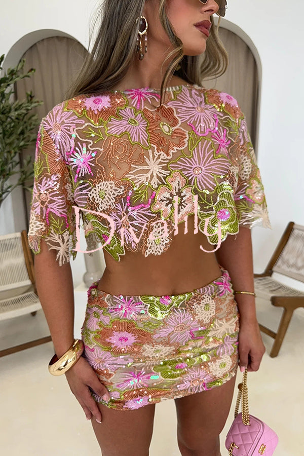 Fashionable Embroidered Flower Sequined Crop Top and Hip-hugging Mini Skirt Set