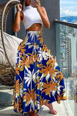 Unique Printed Pleated Elastic Waist Holiday Casual Maxi Skirt