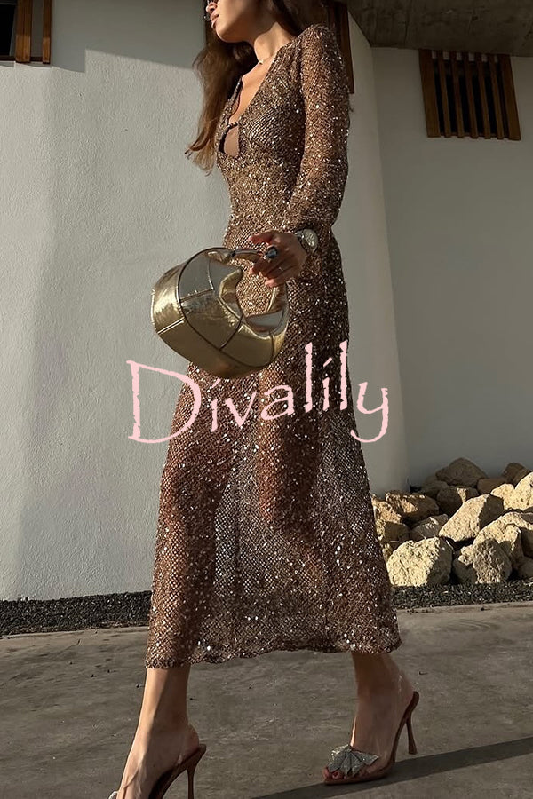 Fashion Sequined Hollow V-neck Long-sleeved Holiday Midi Dress
