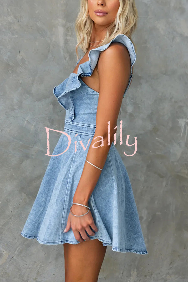 Sweet Secret Denim Square Neck Ruffle Sleeve Stretch Mini Dress