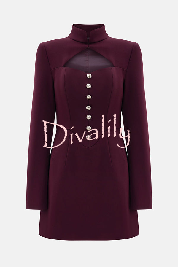 Elegant Long-sleeved Hollowed-out Button-down Slim-fit Mini Dress