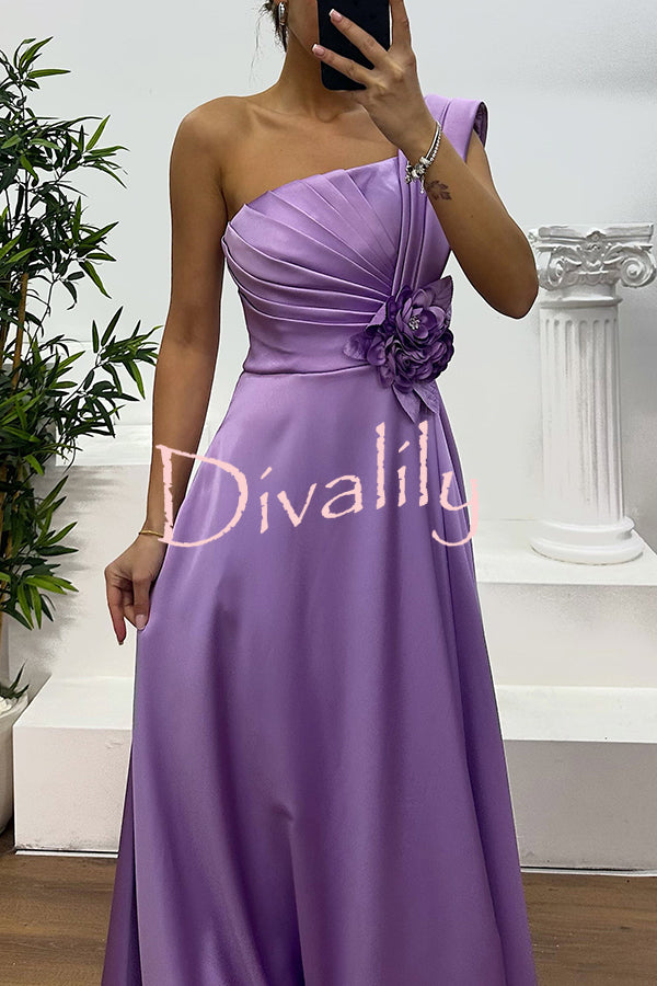 Nasha Satin Pleated One Shoulder Petal Gemstone Detail Pocket Slit Maxi Dress