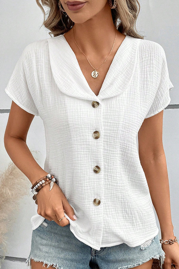 Solid Color Lapel Short Sleeve Casual Button Top