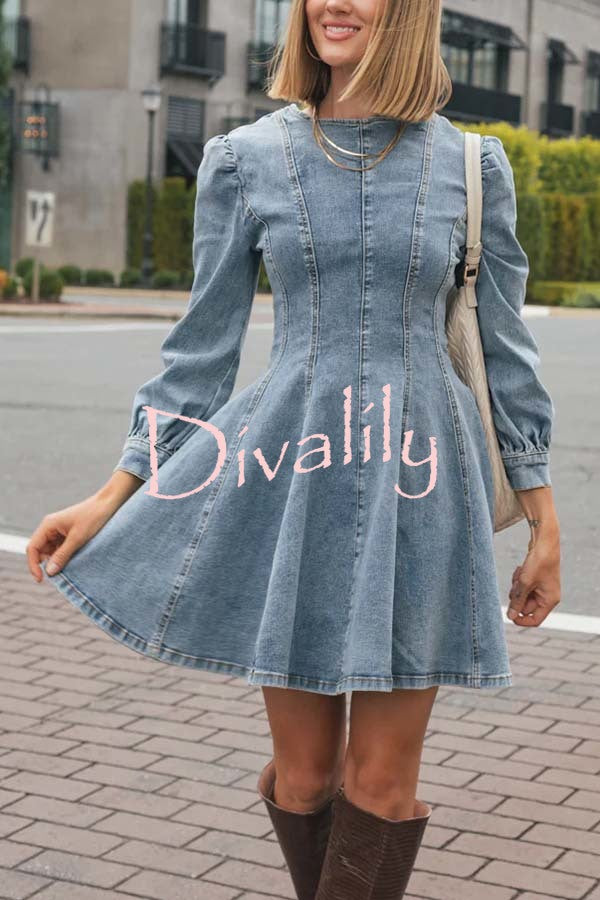 Fade Into You Denim Princess Line Back Zipper Flare Stretch Mini Dress