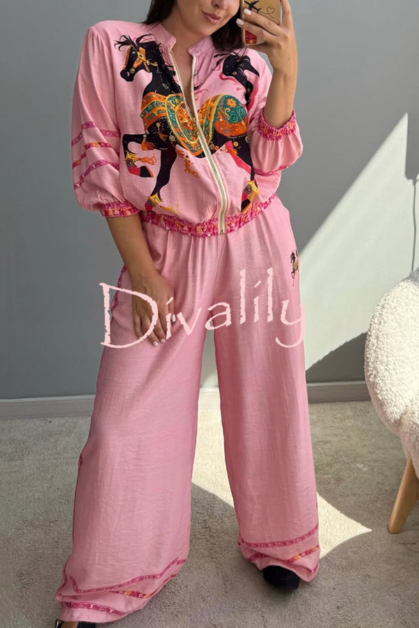 Unique Printed Long-sleeved Zip-up Loose Top and Elastic Waist Casual Wide-leg Pants Set