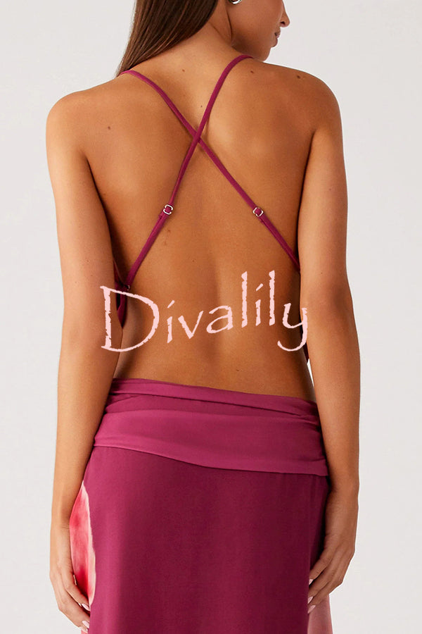 Sexy Deep V Backless Draped Camisole Top and Floral Print Chiffon Maxi Skirt Set