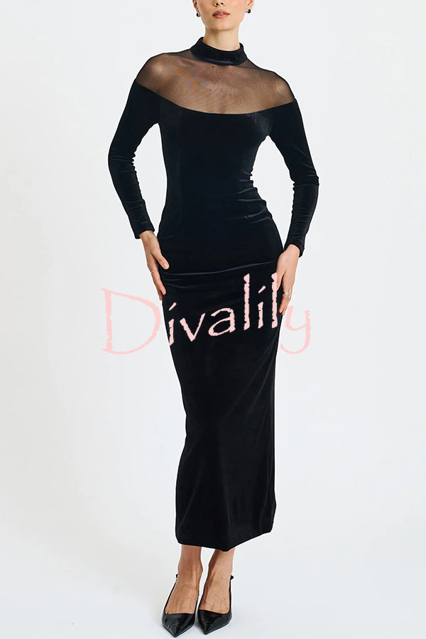 Fashionable Velvet and Mesh Spliced long-sleeved Slim-fit Maxi Dress