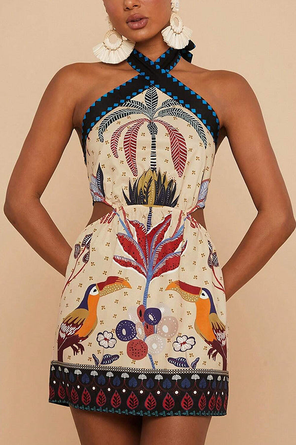 Tropical Print Halter Neck Resort Mini Dress