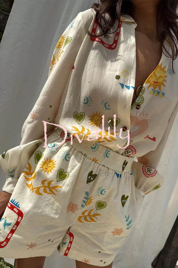 Funny Vacation Unique Printed Long Sleeve Shirt and Elastic Waist Pocket Loose Shorts Set