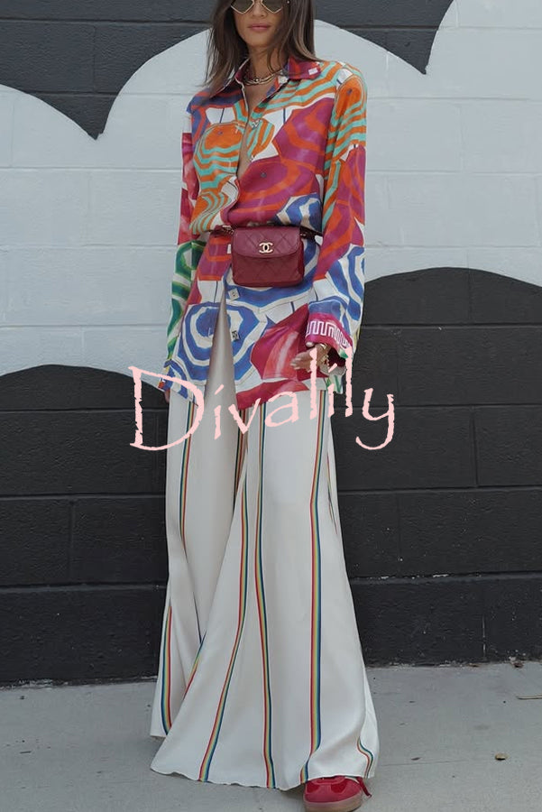 Ellah Satin Rainbow Stripe Print Drawstring Elastic Waist Pocket Wide Leg Pants