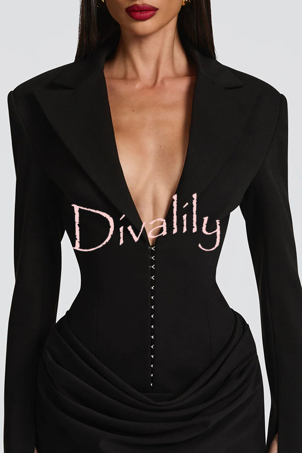 Solid Color Slim-fit V-neck Elegant Draped Formal Mini Dress