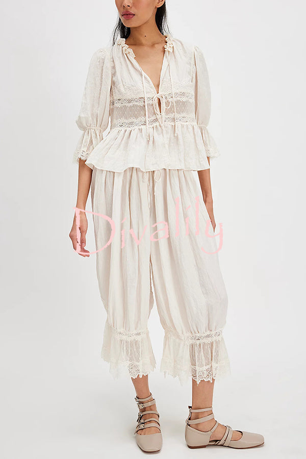 Pastoral Style Elastic Waist Lace Hem Bloomer Pants