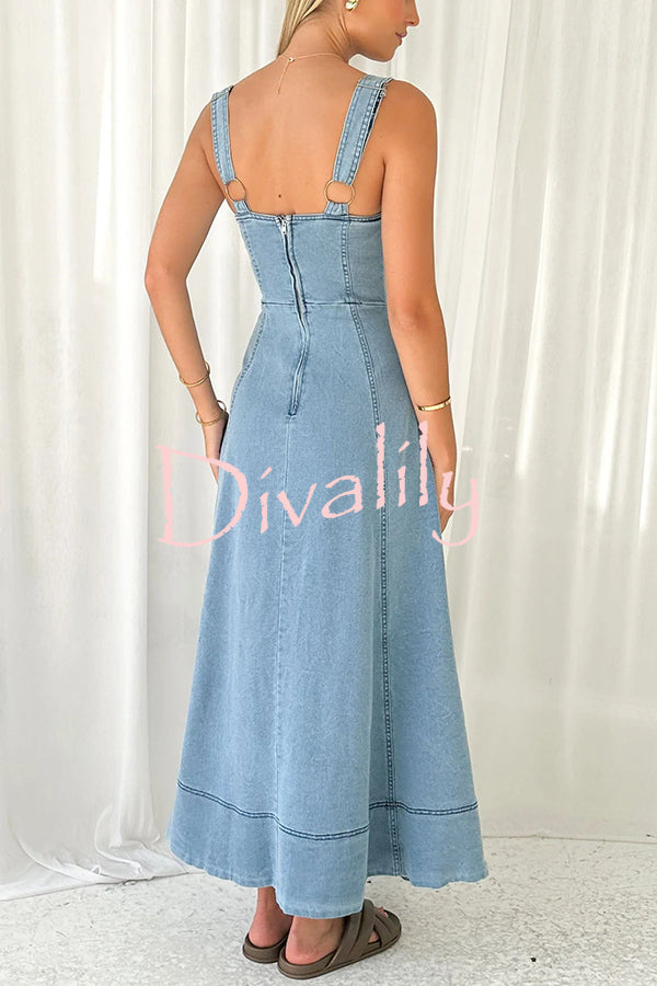 Solid Color Suspender Pocket Button Slim Denim Midi Dress