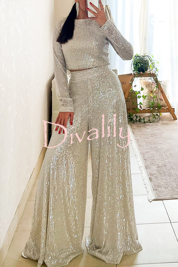 Fashionable Shiny Sequined Long-Sleeved Cropped Top and Casual Wide-Leg Pants Set