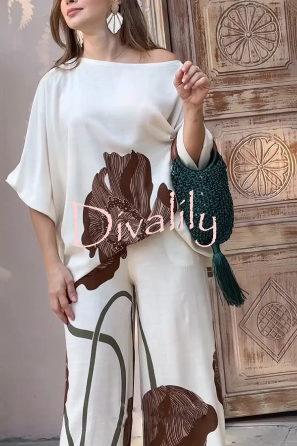 Floral Print Batwing Sleeves Loose-fitting Top and Relaxed Pocket Straight Pants Set