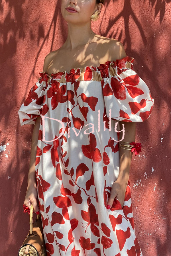 Floral Print Off-The-Shoulder Puff Sleeve Loose Holiday Maxi Dress