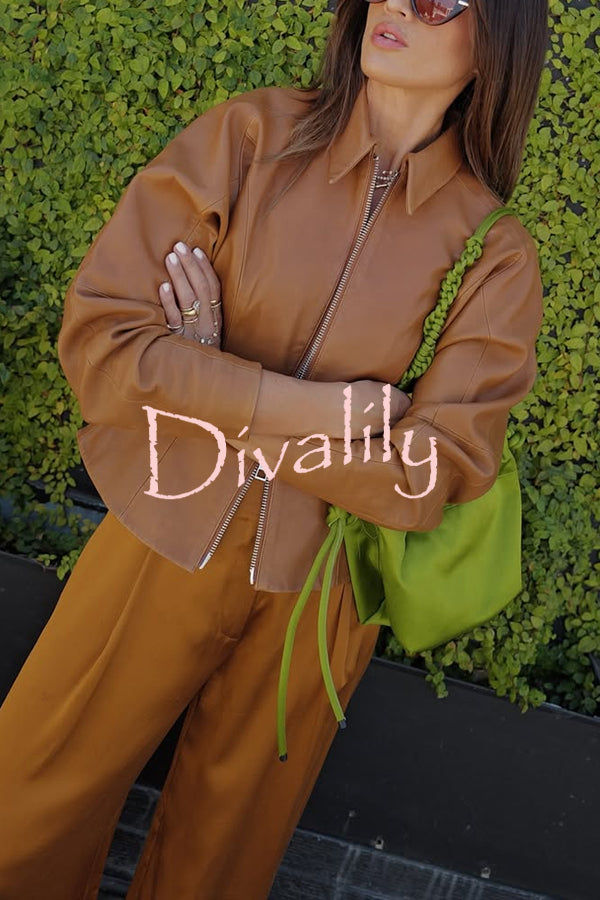 Pop of Brown Faux Leather Double Zipper Detail Balloon Sleeve Lapel Jacket
