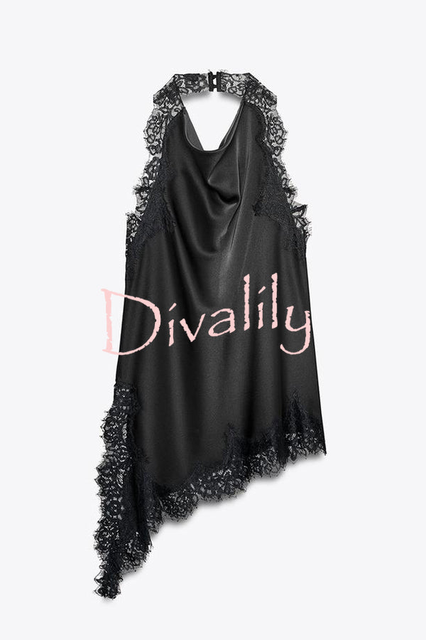 Dolly Satin Lace Trim Halter Cowl Neck Asymmetric Hem Tank