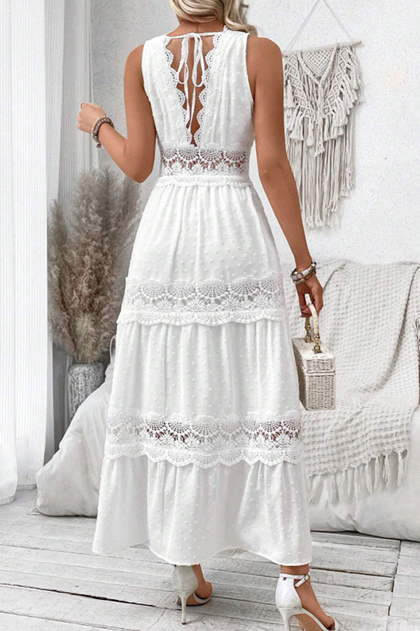 Solid Color Hollow Lace Splicing V-neck Sleeveless Maxi Dress