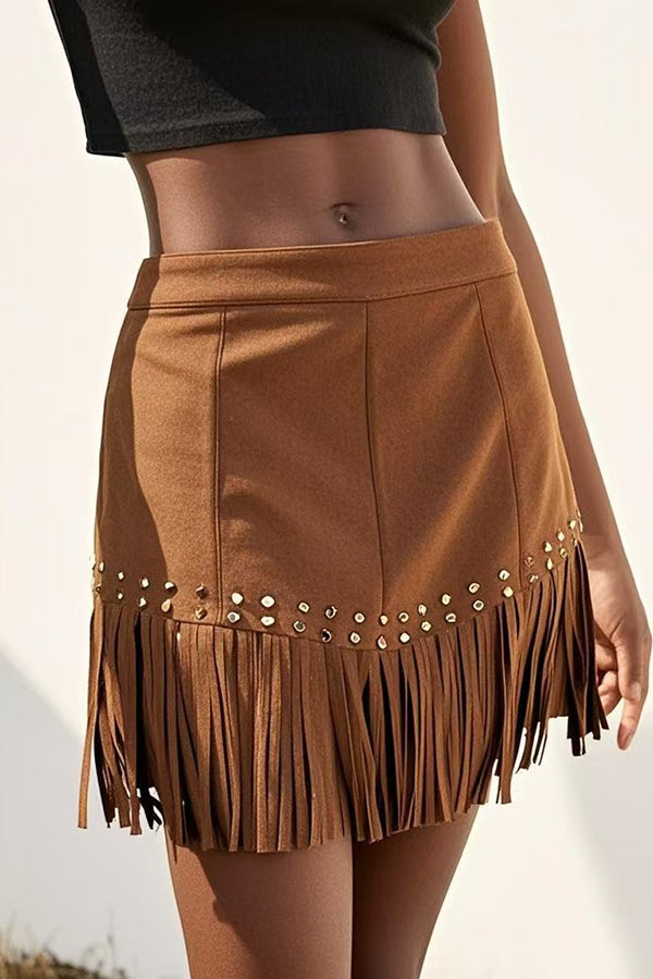 Fashion Suede Studded Tassel Hem Mini Skirt