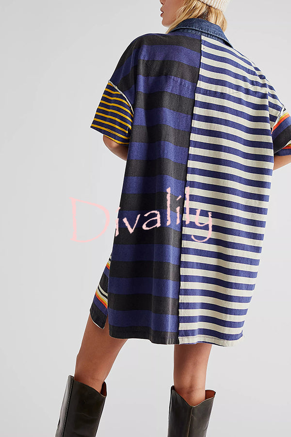 Contrast Striped Patchwork Denim Lapel Loose Casual Mini Dress