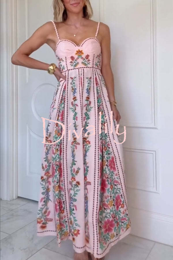 Linen Blend Delicate Forest Unique Print Sweetheart Neck Beaded Straps Maxi Dress