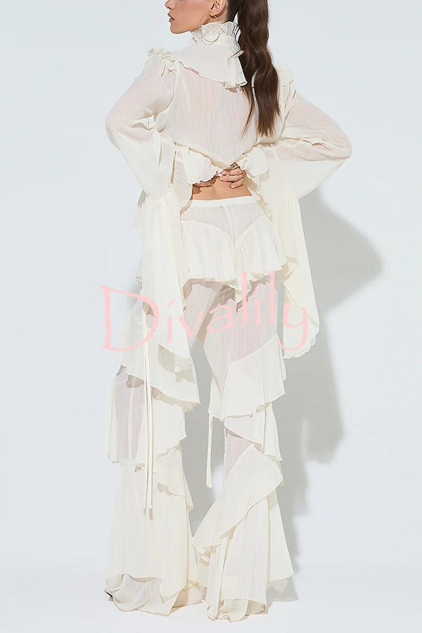 Fashionable Ruffled Elastic Waist Holiday Style Flared Pants