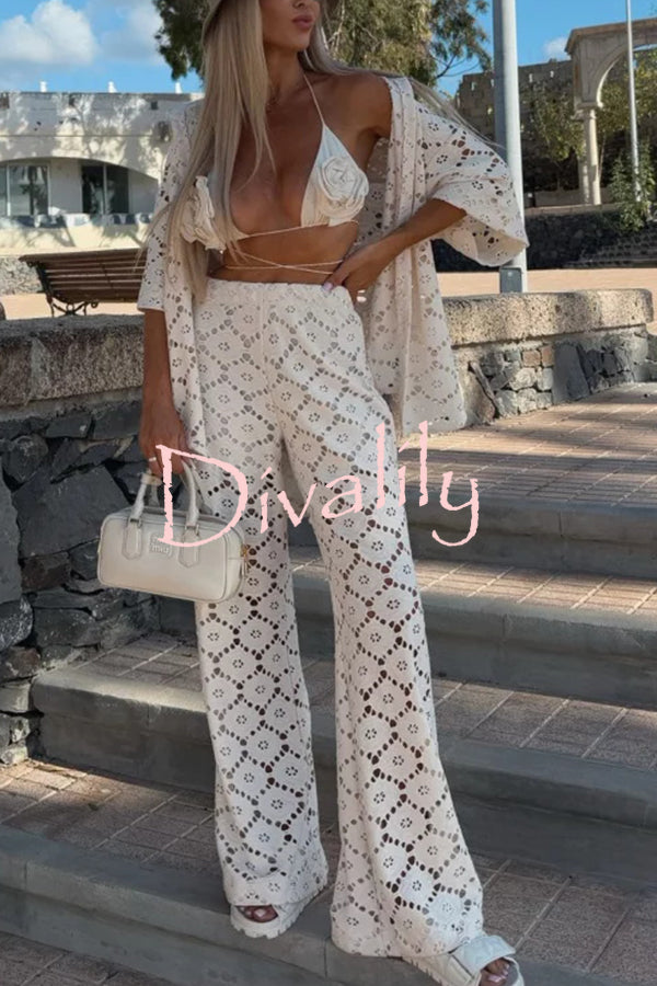 Holiday Crochet Flowers Lace Short Sleeve Shirt and Elastic Waist Wide Leg Pants Set