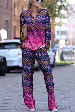 Coreen Leopard Colorful Wave Print Long Sleeve Shirt and Elastic Waist Pocket Pants Set