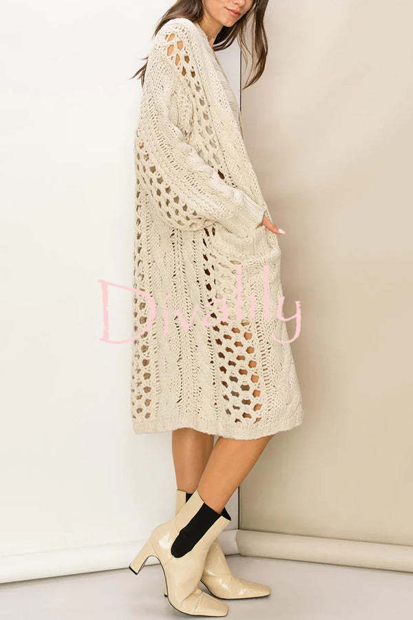 Jamila Knit Cable Cotout Long Sleeve Pocket Oversized Midi Cardigan