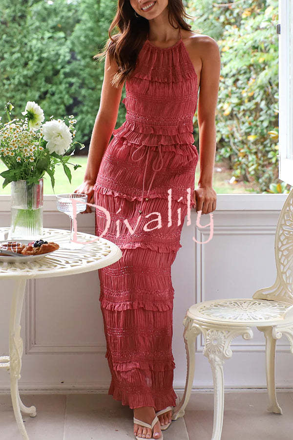 Feel Chic and Romantic Sequin Textured Material Back Elastic Halter Tie Tank and Drawstring Waist Tiered Maxi Skirt Set