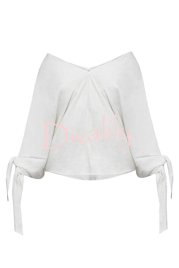 Joyful Bond Linen Blend V-neck Knotted Cuff Half Sleeve Loose Top