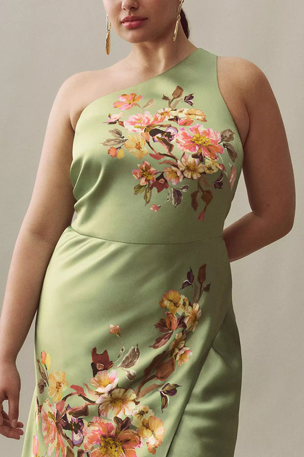 Wedding  Guest Satin Floral Print One Shoulder Side Slit Maxi Dress