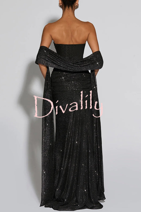 Paula Sequined Mesh and Jersey Off Shoulder Ruched Knot Drape Shawl Maxi Dress