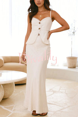 Solid Color Halter Button-Down Top and Elegant Fitted Maxi Skirt Set