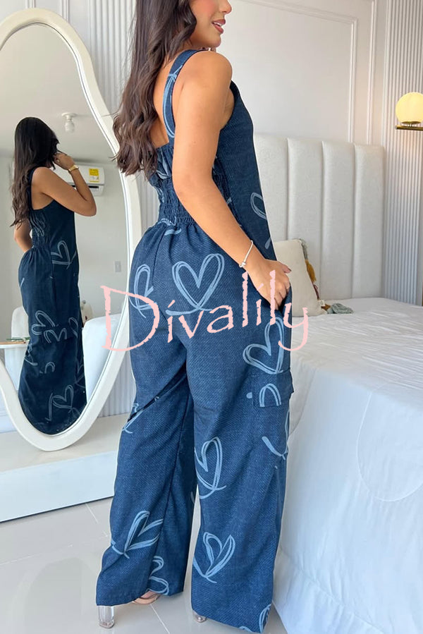 Fashion Cartoon Print Loose Round Neck Back Pleated Casual Pocket Wide Leg Jumpsuit