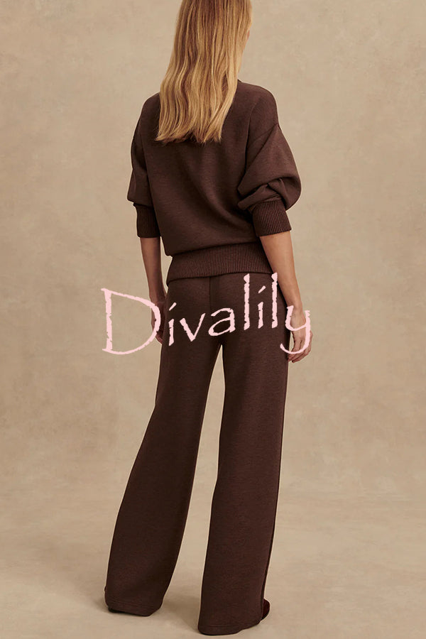 Meet The Autumn Ribbed Zipper Neck Sweatshirt and Elastic Waist Pocketed Loose Pants Set