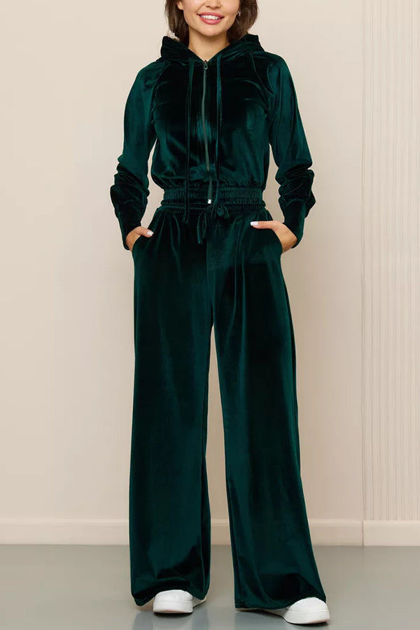 Solid Color Velvet Hooded Zip-up Sweatshirt and Elastic Waist Casual Pocket Straight-leg Pants Set